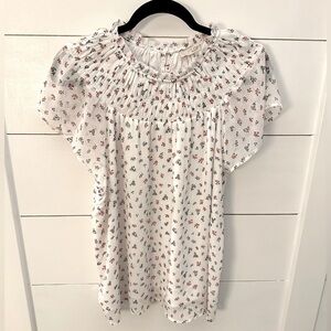 LOFT white floral round neck woman cap sleeve lightweight polyester top L